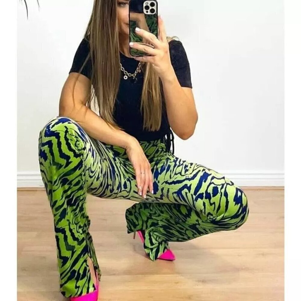 Zara Green & Blue Swirl Print High Rise Velvet Split Hem Flare Pants S NWT